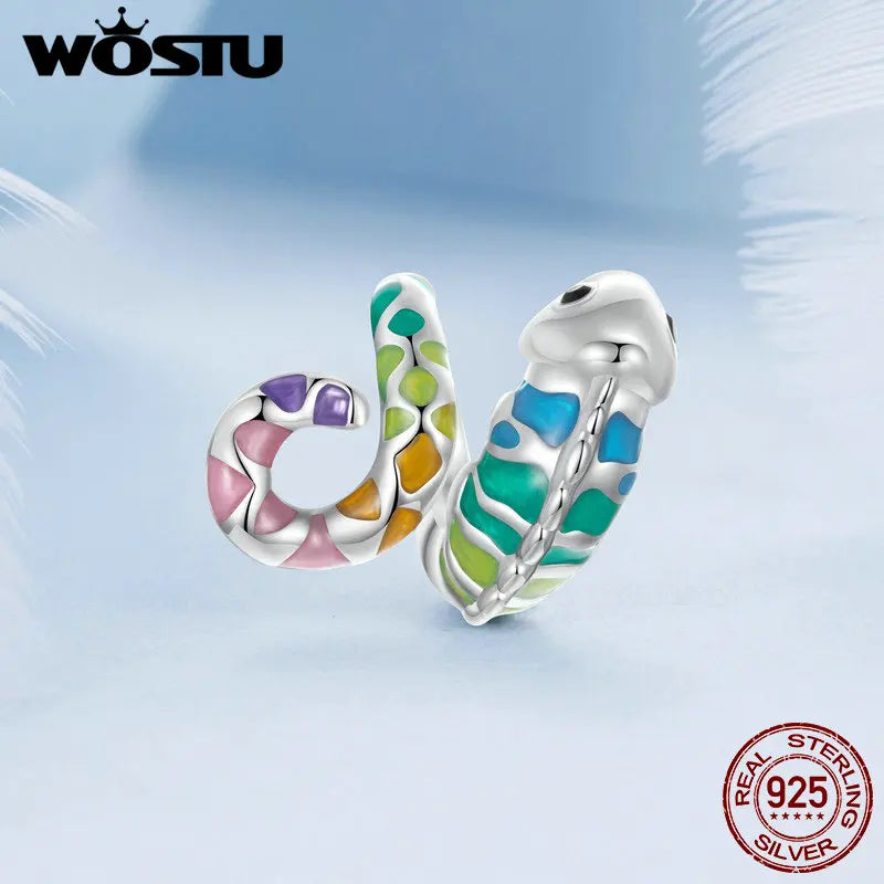 WOSTU Real 925 Sterling Silver Rainbow Color Chameleon Charms Animal Bead Fit Original Bracelet DIY Necklace Jewelry Making Gift