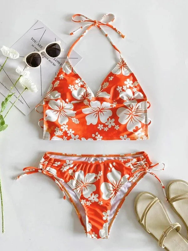 Sexy Yellow Floral Print Bikinis Set Women Halter Push Up Crop Top Swimsuit 2025 Beach Bathing Suit Lace Up High Waist Swimwear