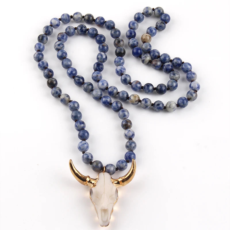 Fashion Bohemian Jewelry Sem Stone Knotted Horn Pendant Necklace For Women Boho Ethnic Necklace Gift