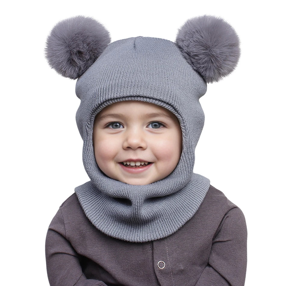 Kids Autumn Winter Pullover Hat Children's Double Ball Ear Protection One-piece Hats Baby Yarn Knit Cap Balaclava Christmas Gift