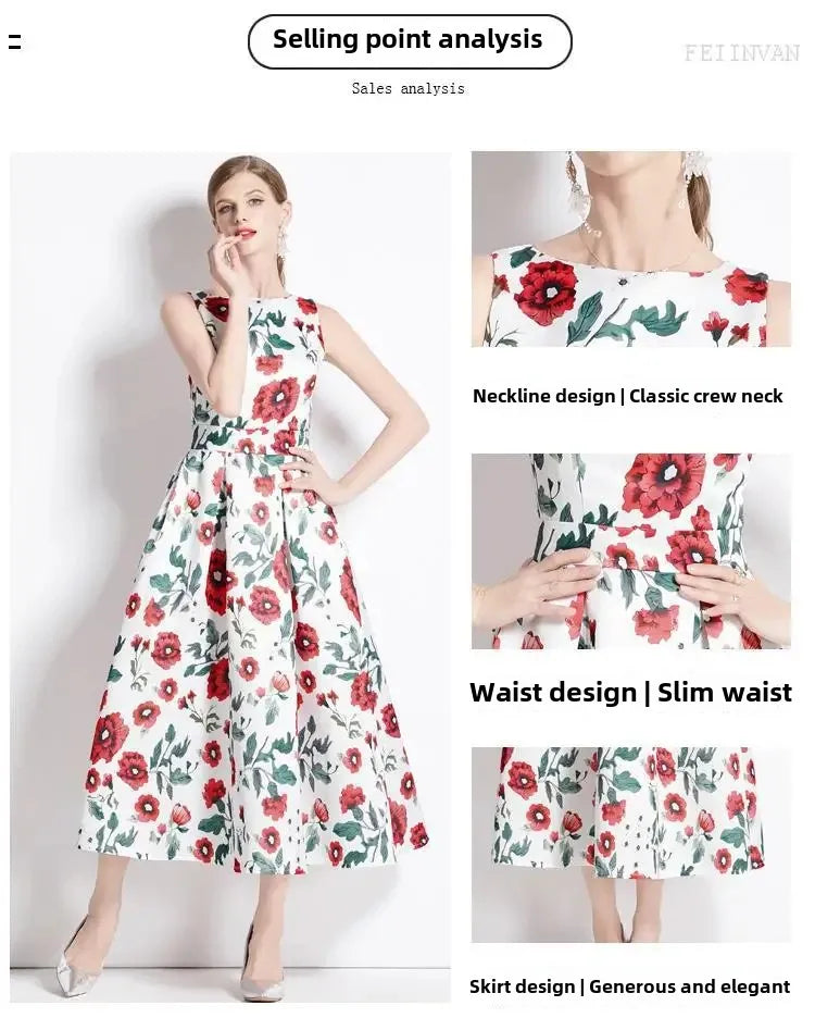 Summer New Long Floral Print Dress Big Hemline Slimming Fashionable Umbrella Skirt Style Sleeveless Women's Dress