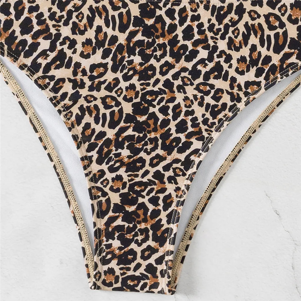 Leopard Print Swimwear Bandeau Bikinis Sets Sexy Swimsuit Women Metal Ring Wrinkled Bathing Suit Brazilian Bikini 2025 Mujer