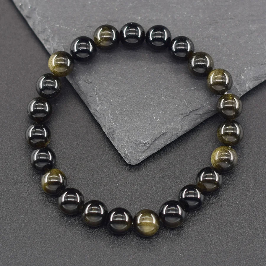 Natural Golden Obsidian Stone Beads Bracelet Men Women Golden Light Rainbow Obsidian Tourmaline Wealth Money Round Jewelry Gift