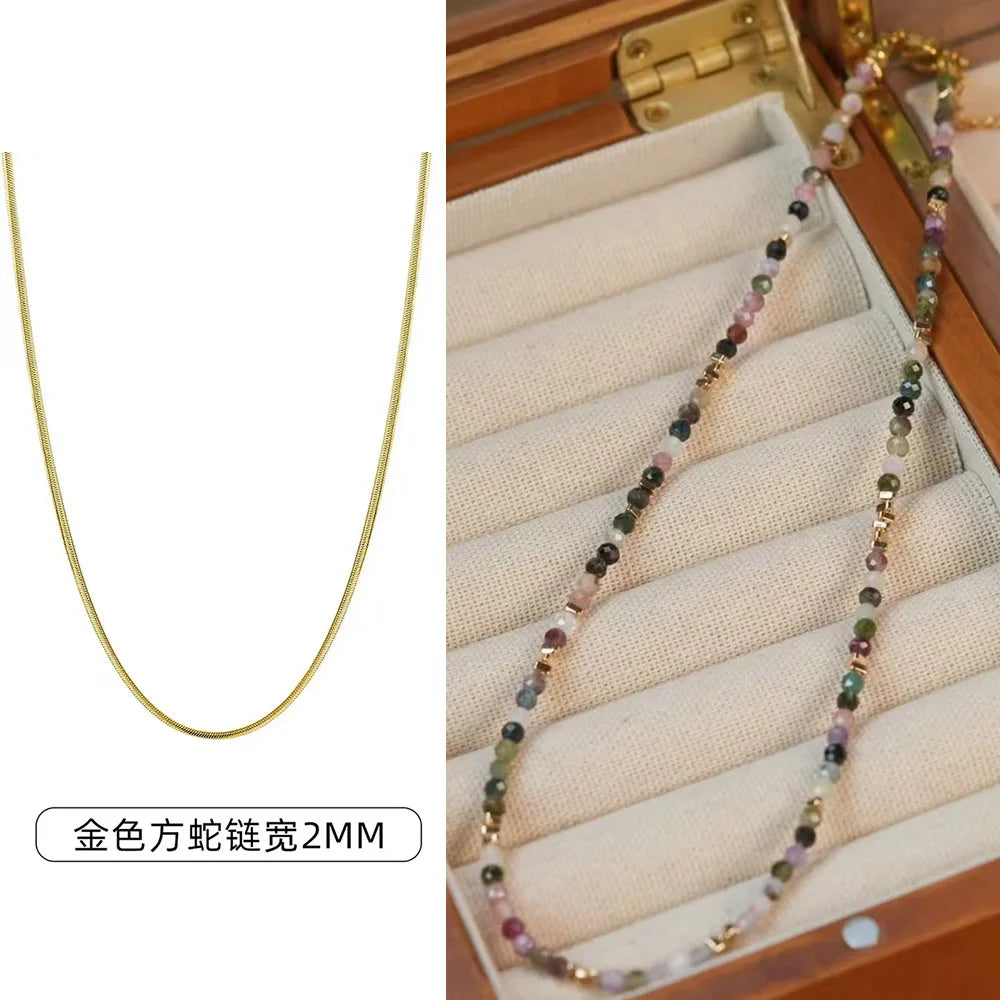 Fashion Colorful tourmaline natural stone bead necklace titanium steel accessories suitable for travel birthday parties