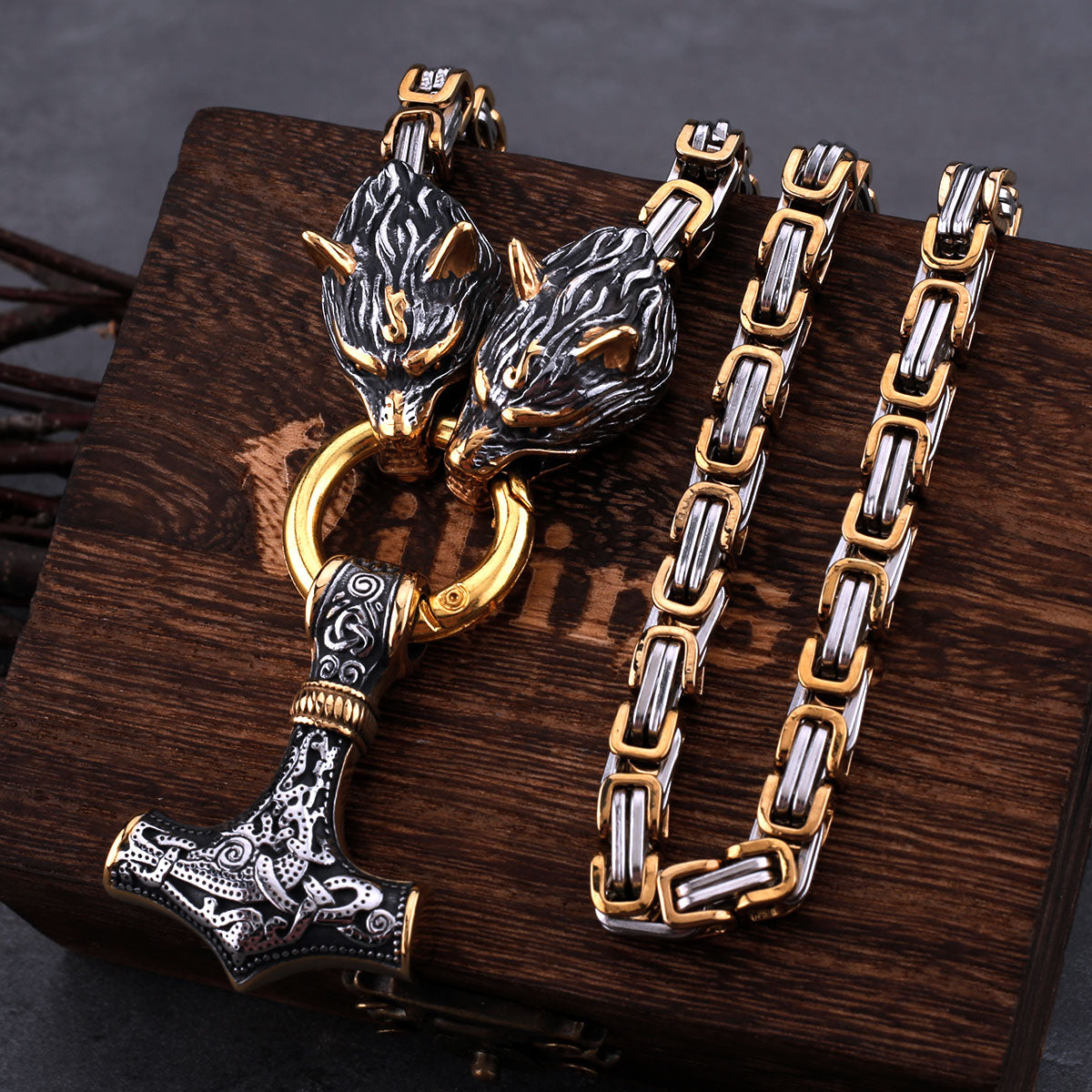 High Quality Viking Wolf Head Thor's Hammer Set Necklace Pendant Stainless Steel Biker Party Personality Men's Jewelry Gift