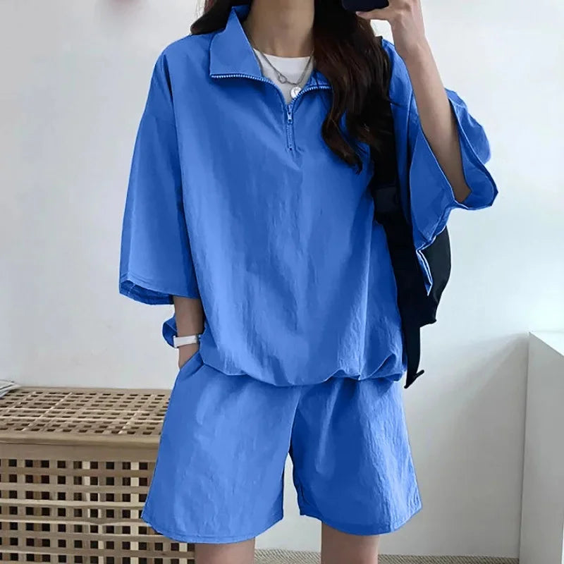 Korean Style Women's Summer Casual Sports Sun Protection Suit Two-Piece Set Workwear Jacket Shorts Polyester Fiber