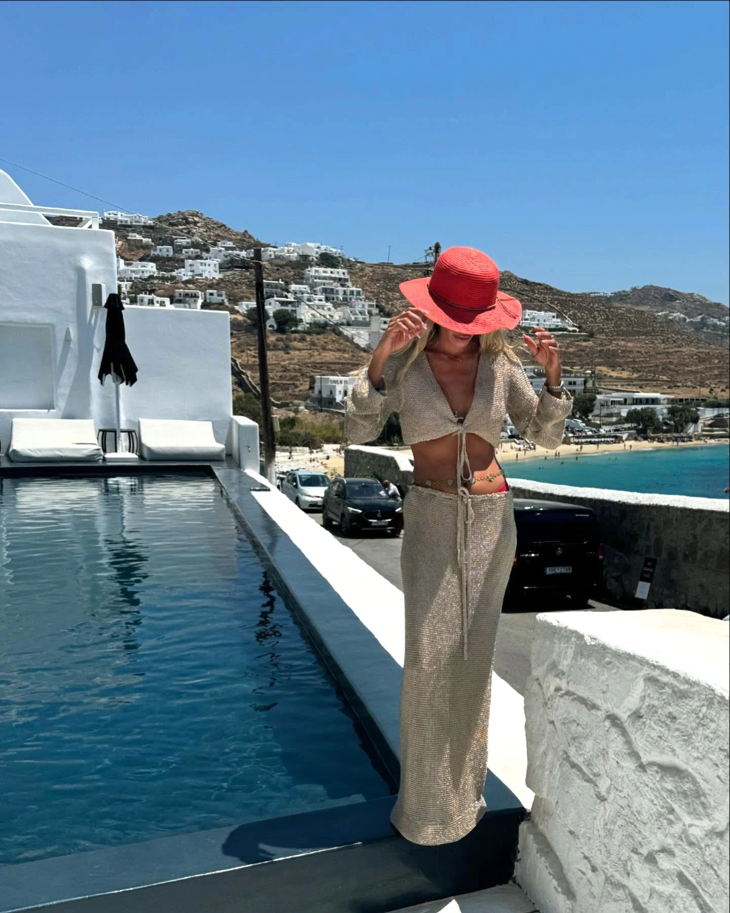 Solid Colour Sexy Beachwear Swimsuit Cover Up Knit Two-piece 2025 Summer Women's Big Bell Sleeve Lace-up Top Long Skirt Set K128