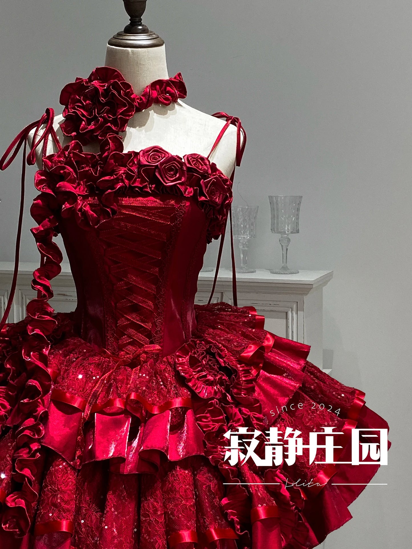 Original Lolita Dress New Christmas New Year Goth Red Fish Bone Jsk Dress Halloween Cosplay Dark Blue Slim Sling Short Dresses