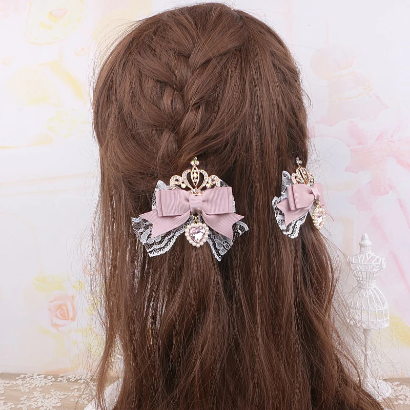 Kawaii Lo Bow Hair Accessories Headdress Girl Women's Sweet Cute Bow Crown Rhinestone Side Clip Lolita Hair Clip Lace Hairpin