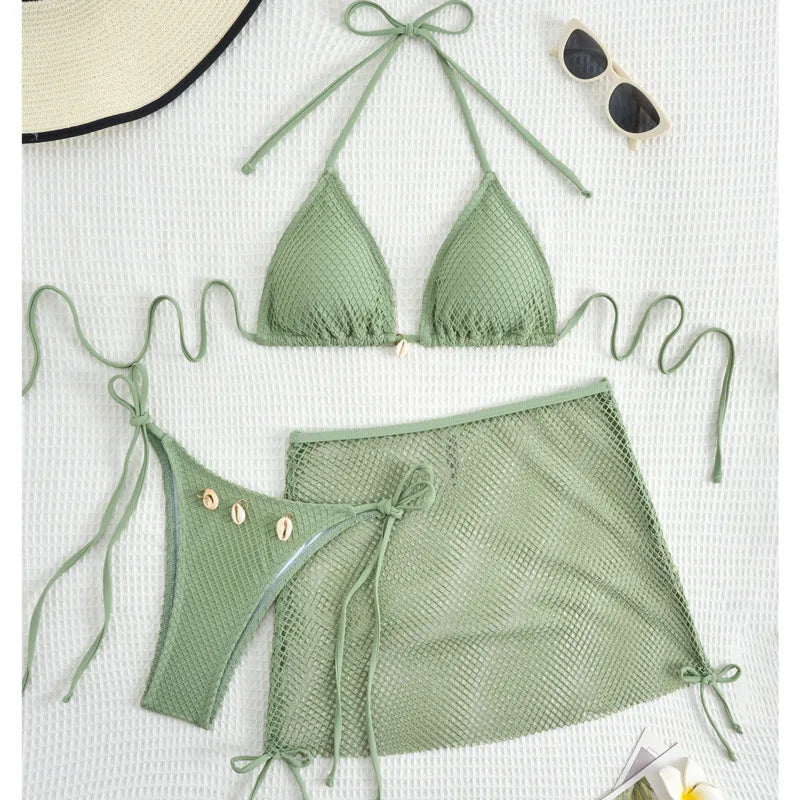 New Sexy Net Bikinis Female Swimsuits Women Three-Piece Swimwear Beach Swim Wear Bathing Suits Brazilian Bikini Set Pool Bather