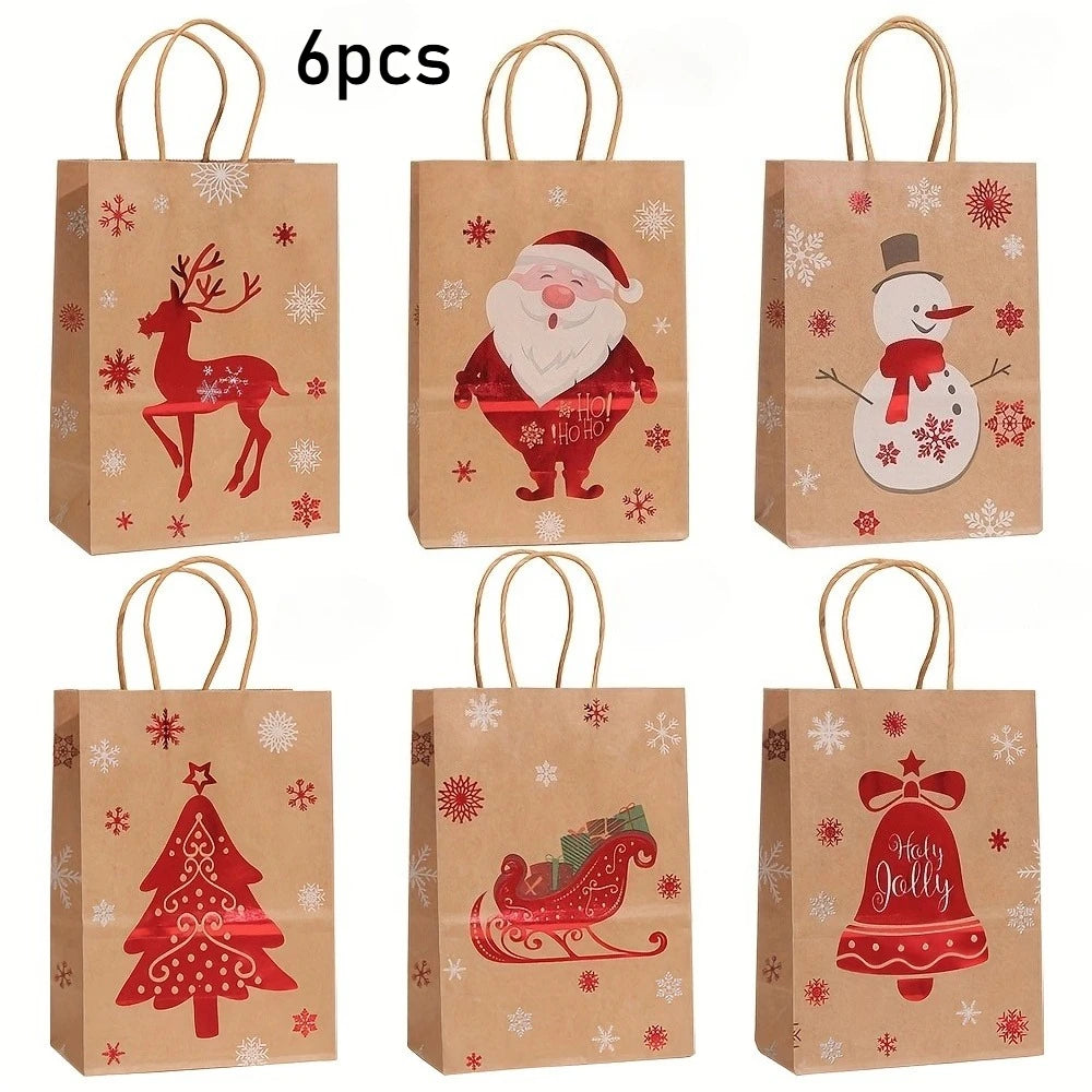 Festive Christmas Gift Bags - 20.5cm x 14.99cm x 7.98cm Brown Kraft Paper Tote Bags with Holiday Designs Christmas paper bag