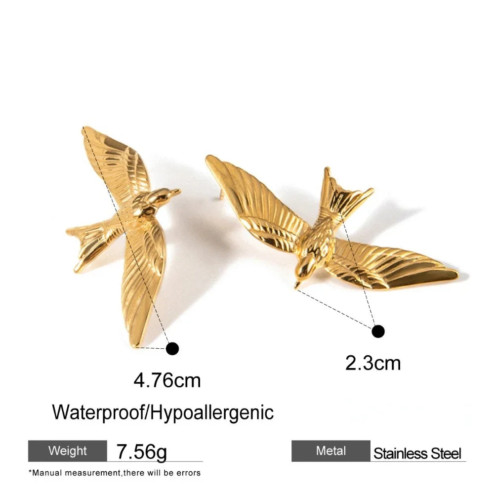 Stainless Steel 18k Gold Plated Vintage Stereoscopic Bird Shaped Earrings for Women Waterproof Fashion Charm Jewelry Party