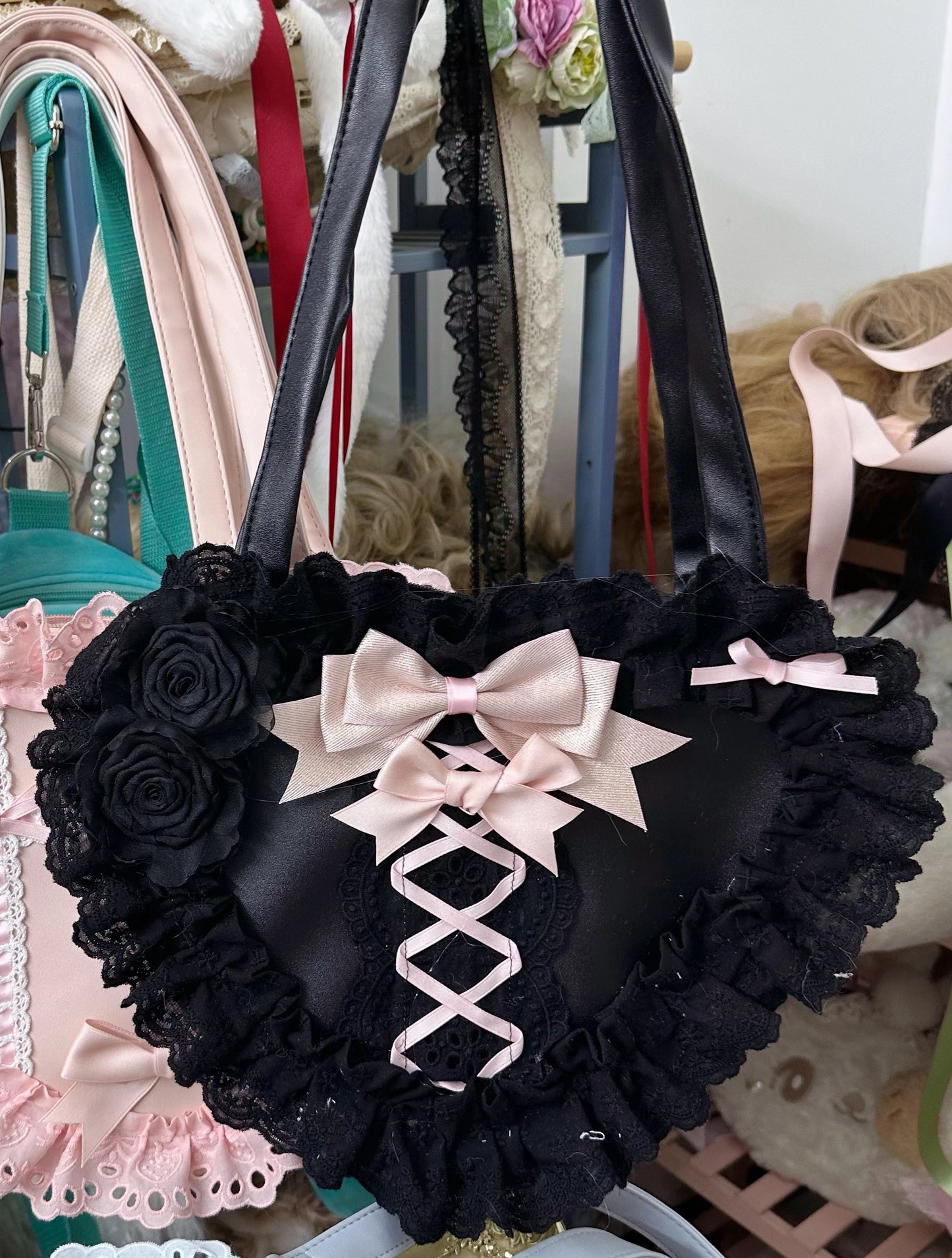 Lolita Handmade Love Heart Lace Flower Cute Shoulder Bag Sweet Girl Students Bow Tote Handbags