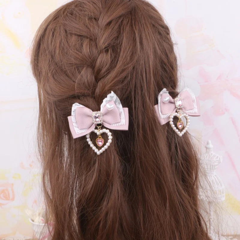 1 Pair Female Hair Clips Pearl Heart Side Clip Sweet Girl's Hairclips Lolita Hairpin Headdress Jiraikei Accessories