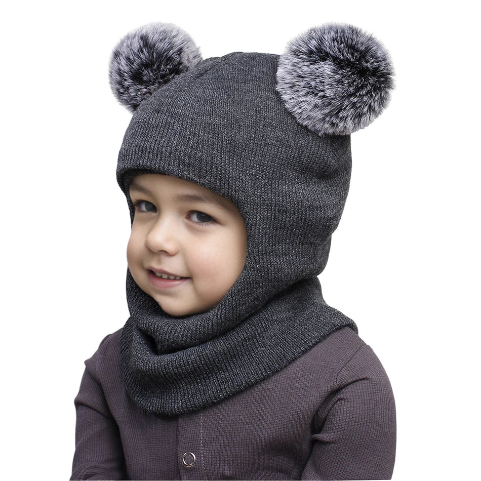 Kids Autumn Winter Pullover Hat Children's Double Ball Ear Protection One-piece Hats Baby Yarn Knit Cap Balaclava Christmas Gift
