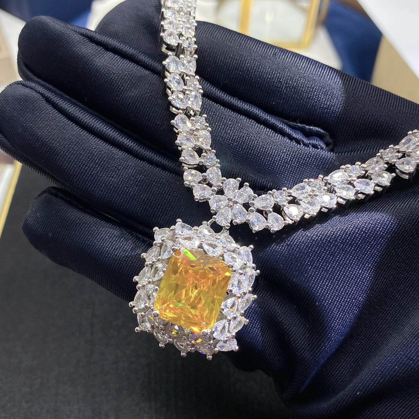 Women Canary tourmaline water drop gemstone necklace plated with 18K gold Farah crown zircon ring