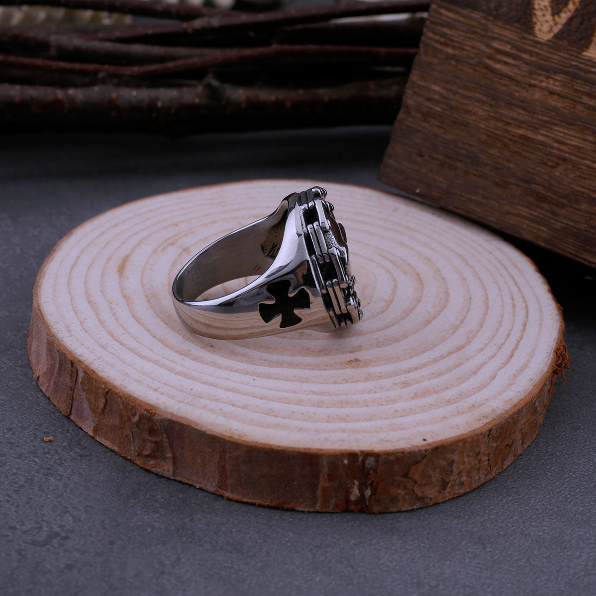 Men's Stainless Steel Chain Skull Ring Cross Motorcycle Chain Hip Hop Punk Gothic Ring Men Jewelry Gift Wooden Box Dropshipping