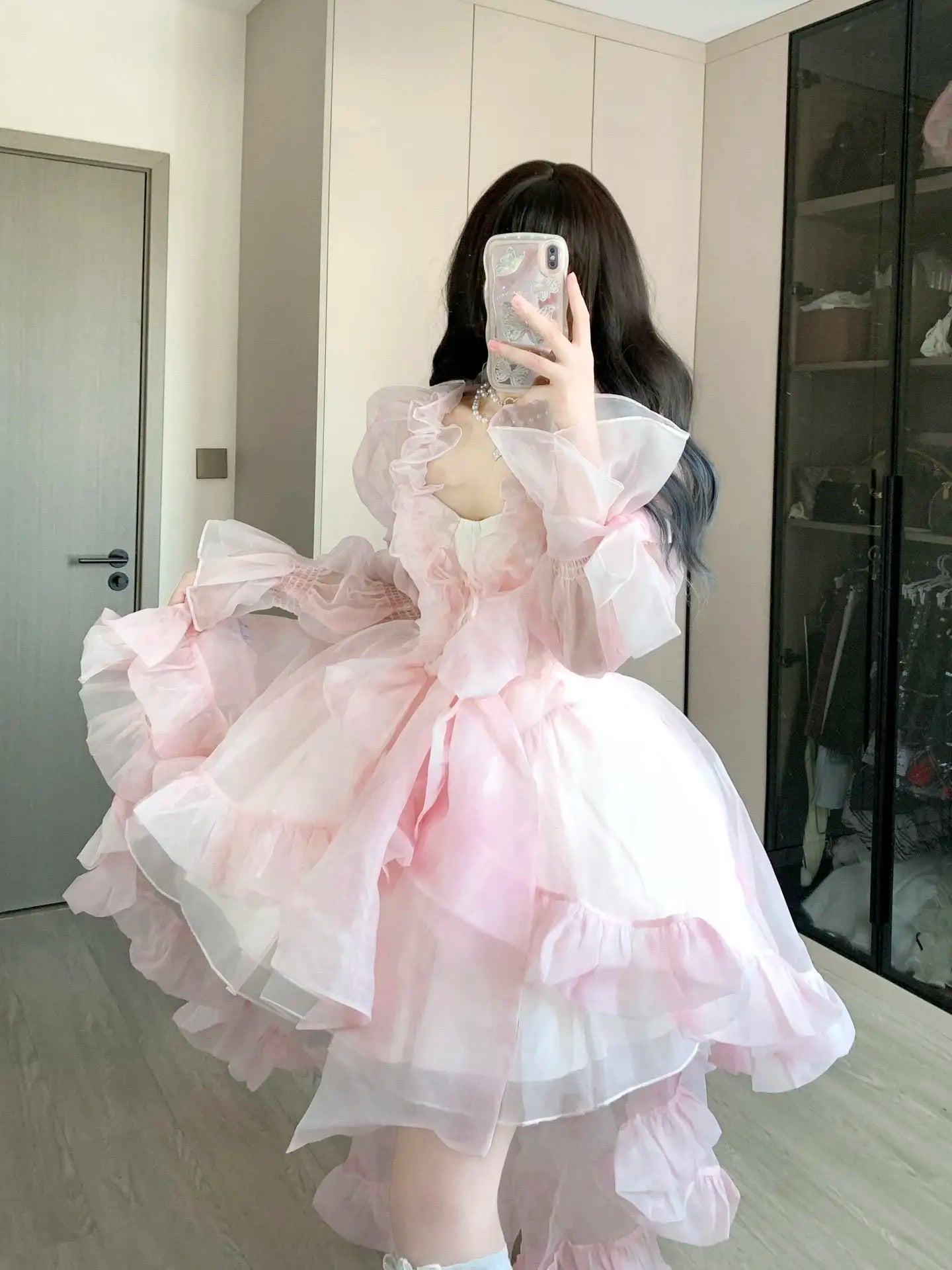French Style Flower Wedding Dress Lolita Sweet Girl Women Fairy Tube Top Sling Dress with Long Cardigan Birthday Princess Dress
