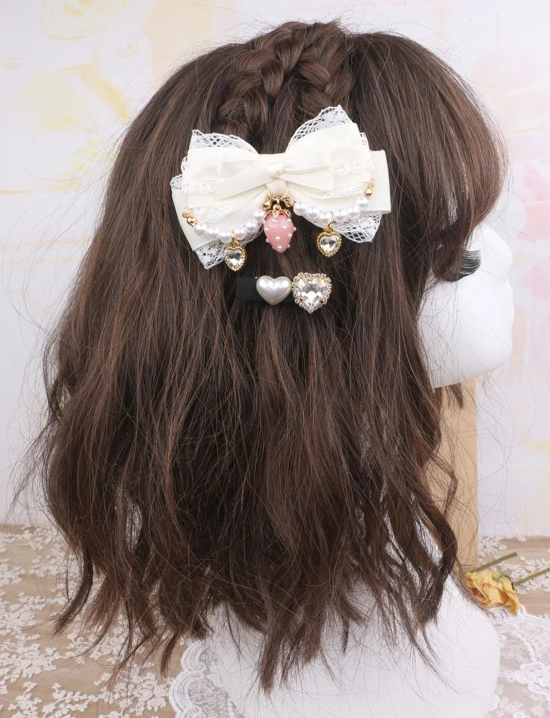 Larme Kei Lace Hair Clips Sweet Girl's Beaded Bow Heart Rhinestone Hair Bows Lolita Strawberry Hair Accessories Gift