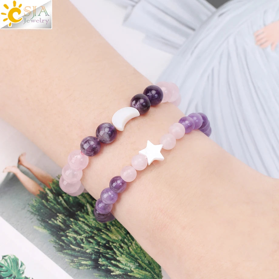 Natrual Stone Bracelet for Women Energy Star Moon Crystal Charm Tiger Eye Pink Quartz Bangle Bead Bracelets Relationship T019