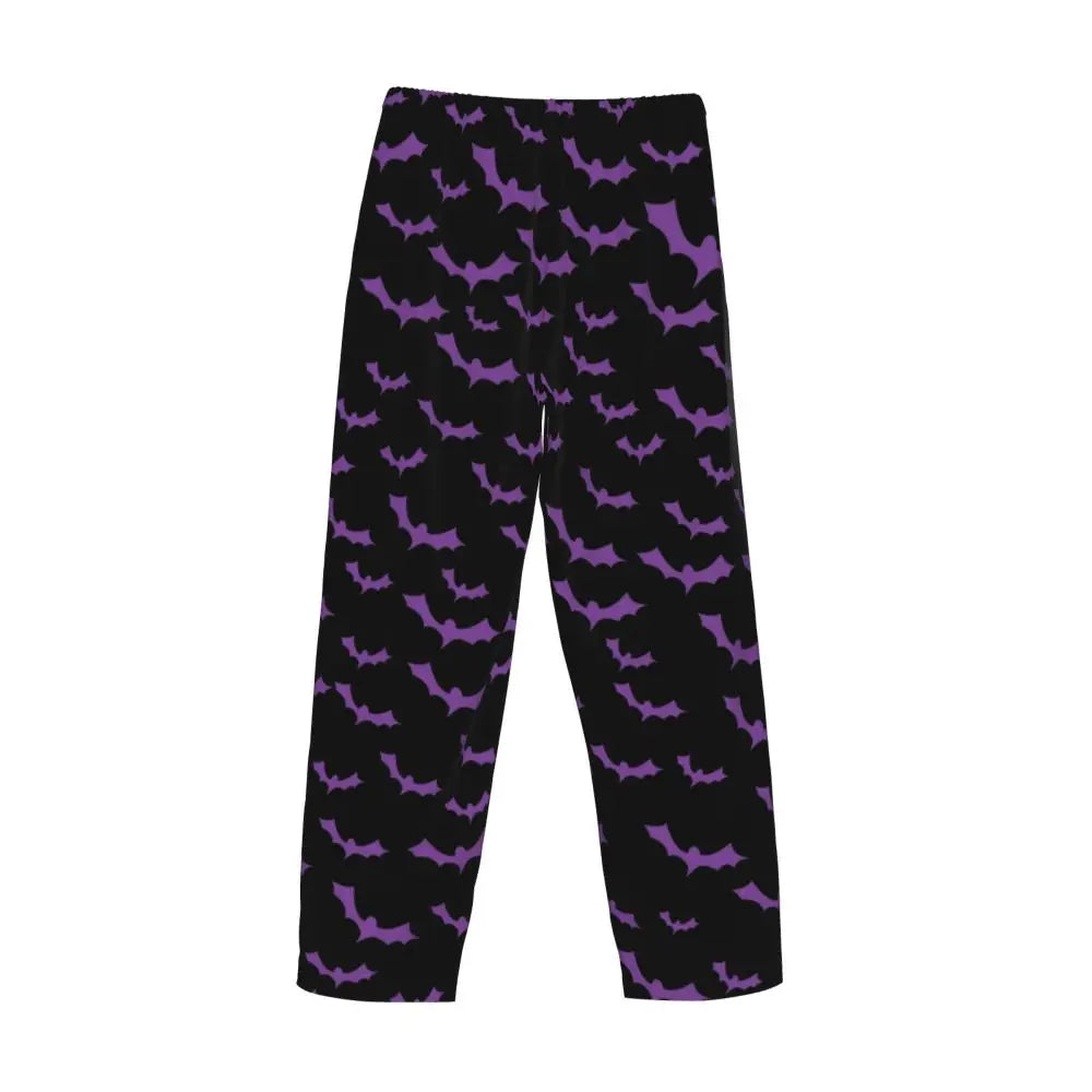 Custom Cute Spooky Halloween Bats Black And Purple Pajama Pants for Men Lounge Sleep Drawstring Sleepwear Bottoms with Pockets