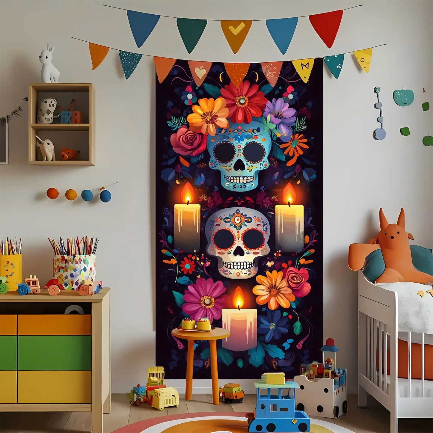 2D FLAT banner background cloth banner party decoration 1 polyester skull curtain flag, suitable for Halloween  Day of the Dead