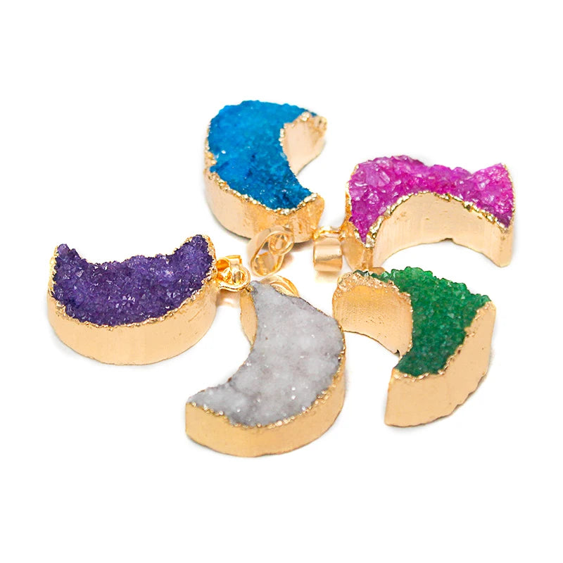 Natural Druzy Quartz Stone Moon Shape Pendant Jewelry Raw Crystal Cluster Jewelry For Women Girls Necklace Making