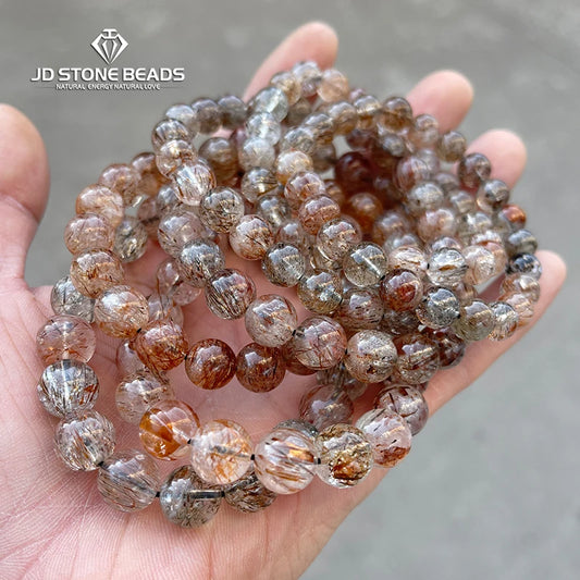 Natural Black Golden Super Seven Quartz Crystal Bead Bracelets Women Fashion Reiki Healing Energy Gemstone Bangles Wrist Jewelry