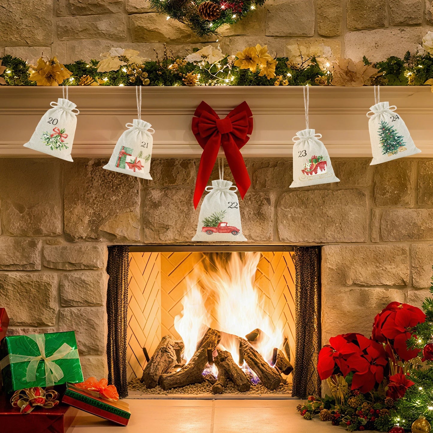 24pcs Drawstrings Christmas Gift Bags, 24 Days Countdown Calendar Christmas Bags for Xmas Tree Decorations Holiday Party