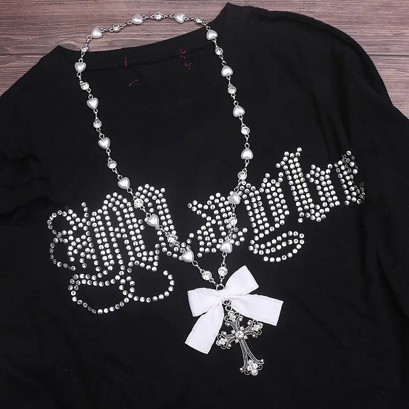 Lolita Style Accessories Beads Fashion Jewelry Handmade Necklace Rhinestone Cross Love Chain Long Necklace for Women