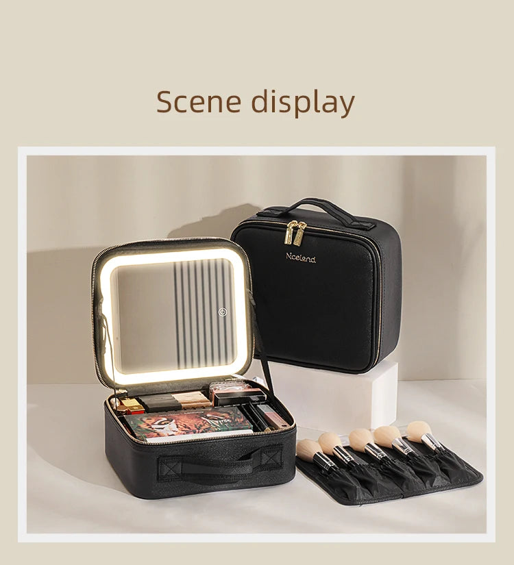 Makeup Travel Train Case with LED Lighted Mirror, 3 Color Adjust Settings, Travel Makeup Bag With Adjustable Dividers,