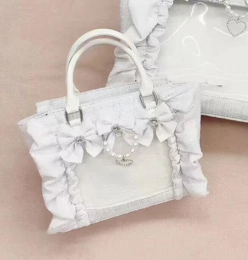 Japanese Style Mine Ita Bag Ruffled Lace Women Girls Rhienstone Pearl Bowknot Square Tote Shoulder Portable Bolso Handbags
