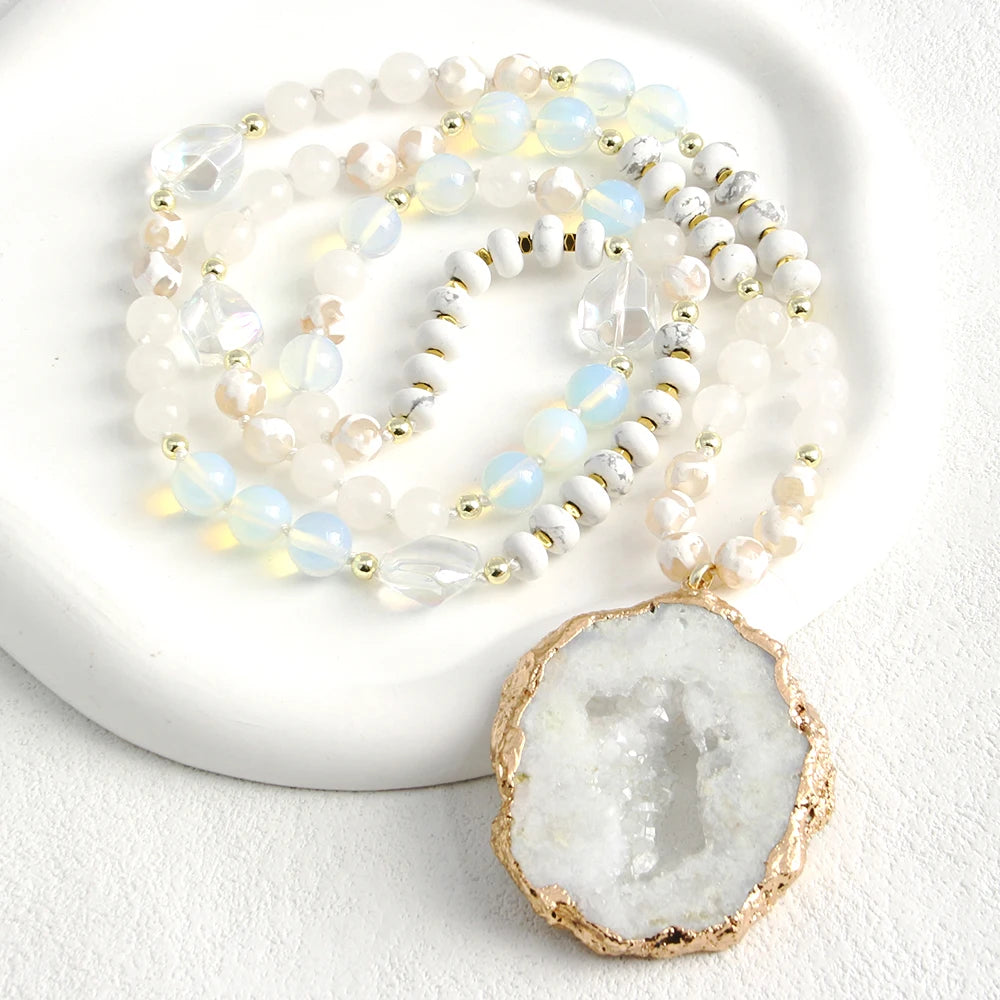 RH 2025 New Fashion Bohemian Style Natural Stone Glass Hematite Knotted Exaggerated Irregular Multicolor Druzy PendantNecklace