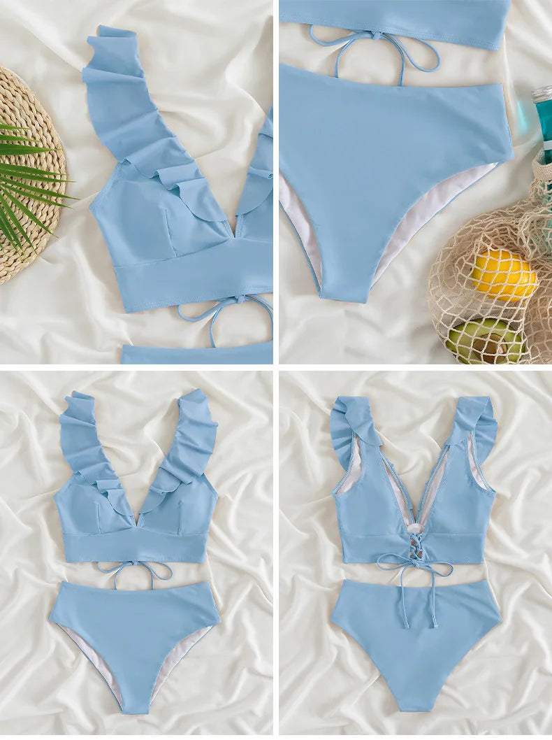 Solid Color Sexy V-neck Ruffle Bikini 2024 Women 2 Piece Swimwear Push Up Padded High Waist Swimsuit Summer Beach Bathing Suit