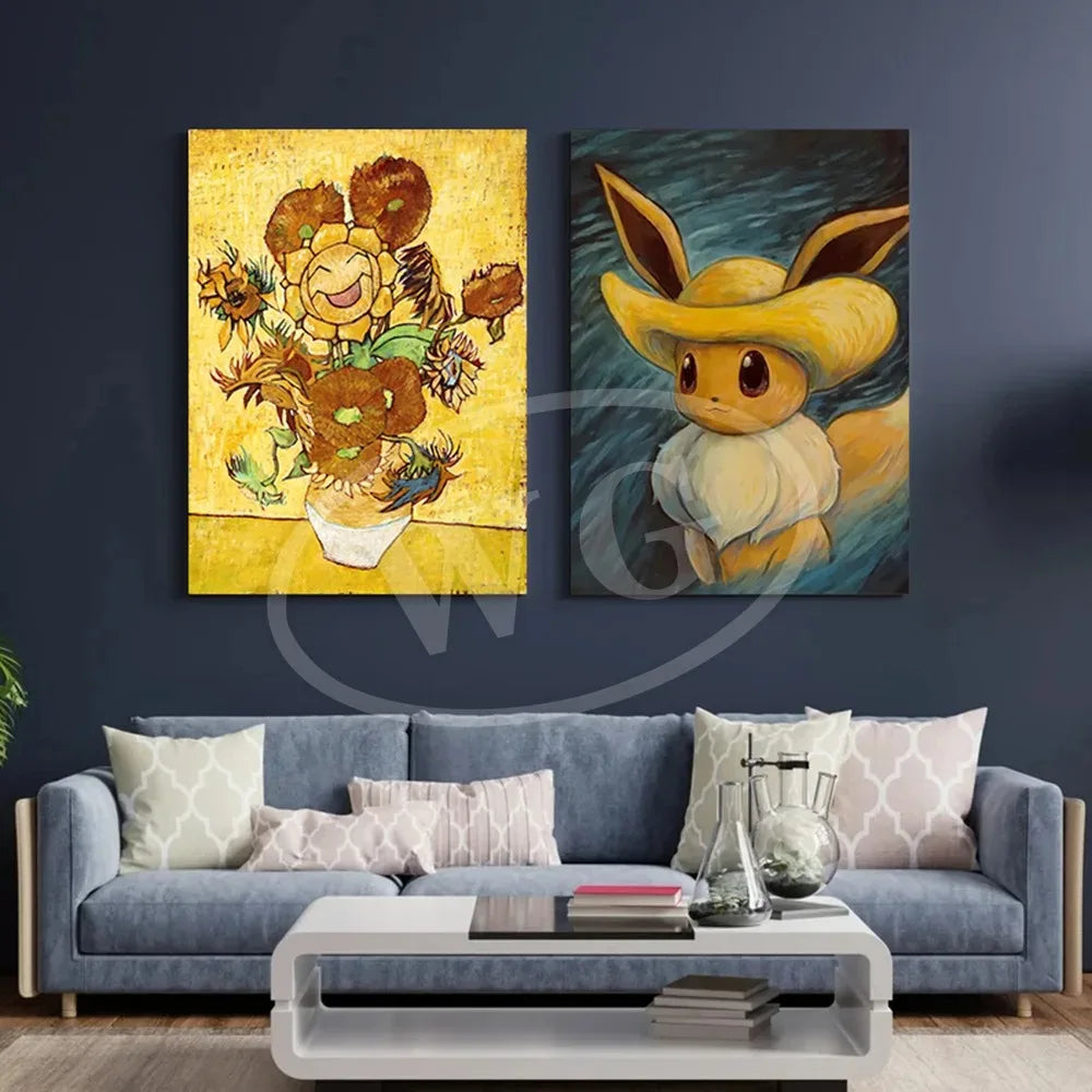 Van Gogh Museum Pocket Monster Anime Character Pikachu Canvas Painting Poster Living Room Bedroom Decoration Christmas Gift