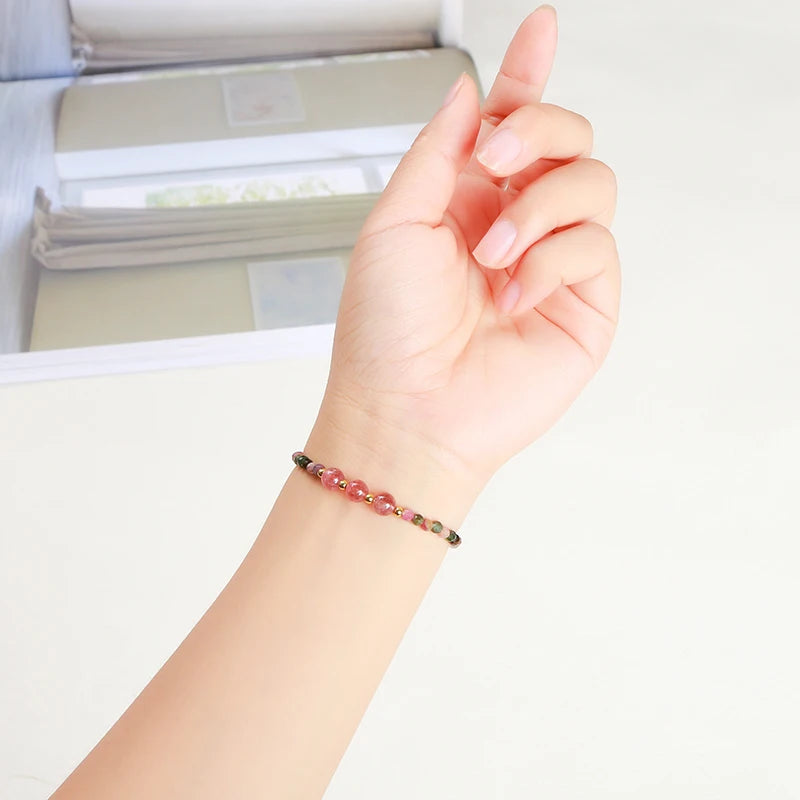 JD Natural Stone Faceted Rainbow Tourmaline Strawberry Quartz Bracelet Women Luxury Thin Adjustable Reiki Healing String Jewelry