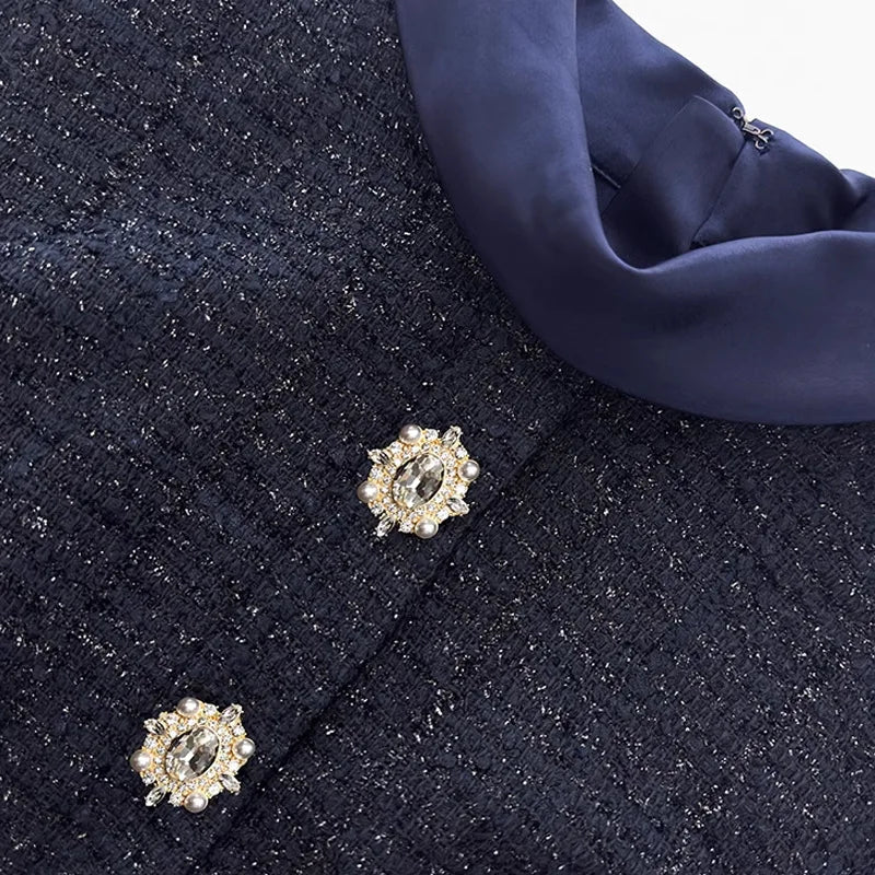 Maxi Formal Luxury Evening Dresses Women Summer Autumn Single Breasted Crystal Satin Tweed Long Dress Blue Party Dinner Vestidos