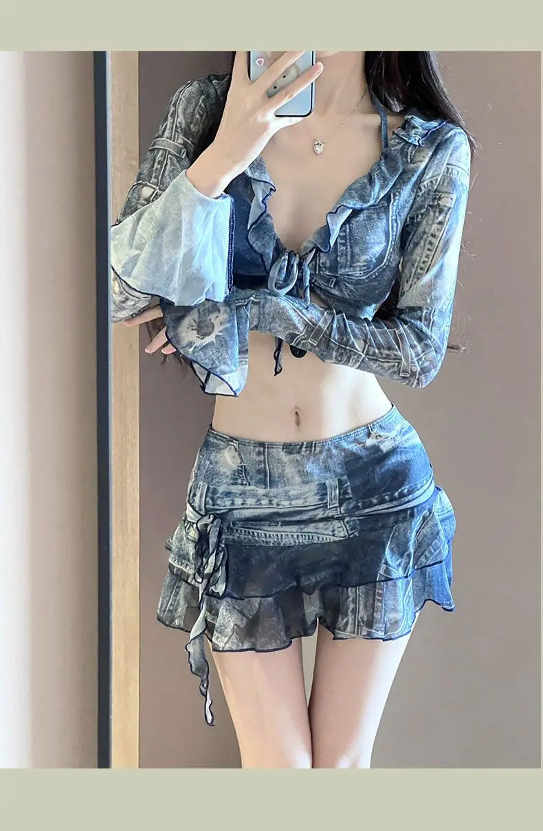 Bikini Swimsuit Lady Denim Blue Four Piece Set Sexy Fashion Vacation Sand Auricularia Auricula Edge Slim A-line Skirt Swimwear