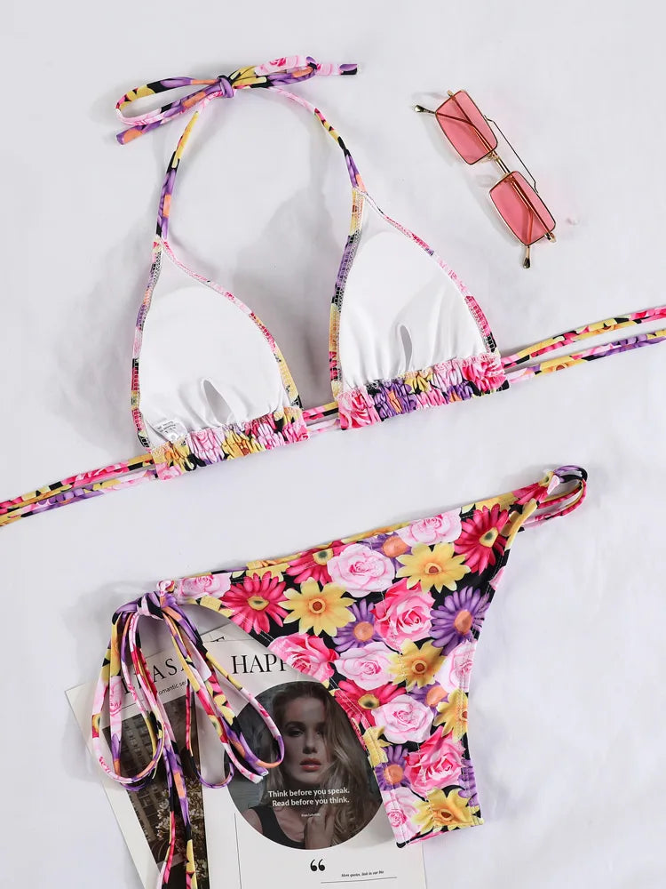 Triangle Bikini Sets Print Swimsuit Women 2023 Bikinis Bandage Swimwear Micro Thong Two Piece Suit Biquini Brazilian Swimsuits