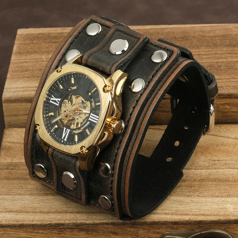 Vintage Punk Leather Cuff Strap 20mm Men's Wrist Watch Band with Mat Double Buckle Rivet Watchband Bracelet Watches Accessories