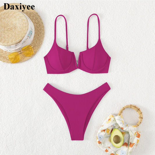 Sexy Underwired BikiniS 2024 Mujer Women Solid V-bra Push Up Two pieces Bikini Set High Cut Bathing Suit Padded Thong Swimsuit