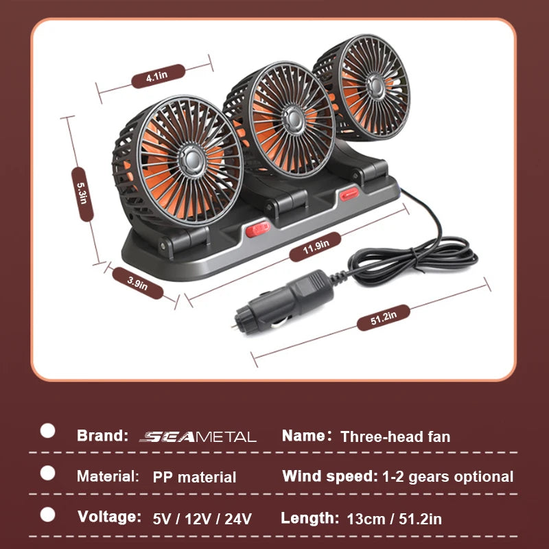 SEAMETAL USB Cooling Fan for Car 360-Degree Rotation 3-Head Electric Fan 2-Speed Silent Motor Fan Universal for Car/Office/Home