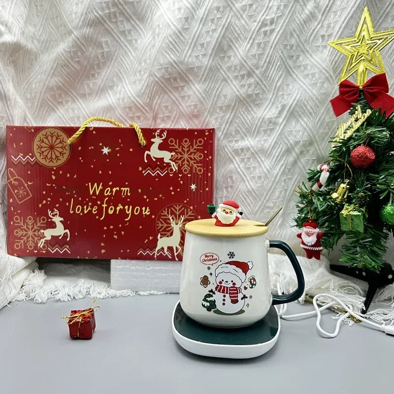 2025 Christmas Gift Set: Warm 55℃ Ceramic Mug with Lid featuring Santa Claus for Office or Home Use