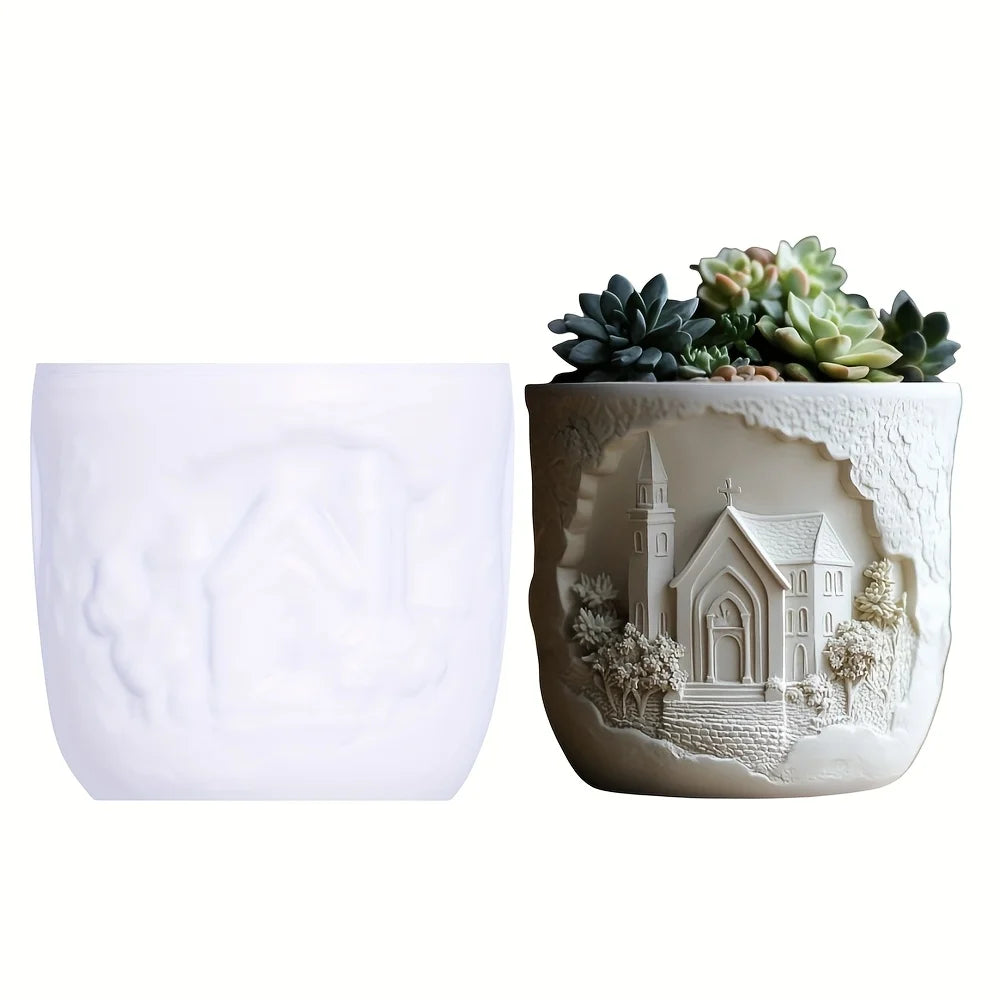 Windmill Town Succulent Plant Pot Silicone Mold  Windmill Town House Relief  Flower Pot Resin Mold Dream house storage box molds