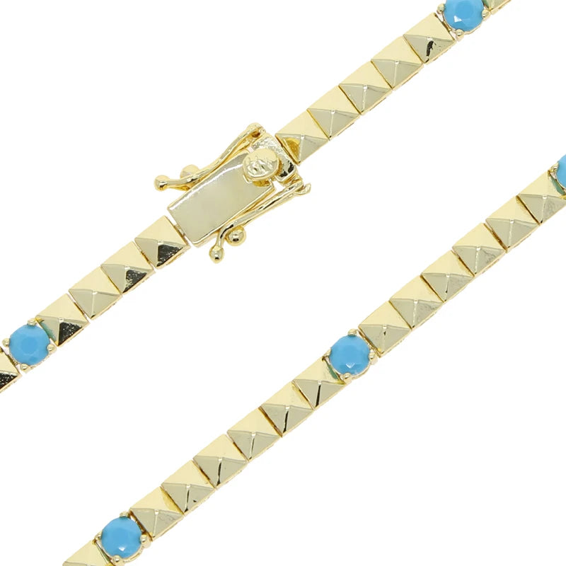 High Quality Simple Geometric Women Jewelry Fashion Gold Color White CZ Blue Turquoises Beaded Chain Bracelet Necklace