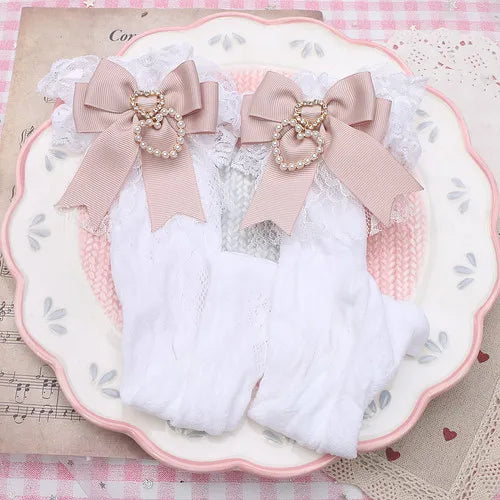 Handmade Sweet Lolita Bow Pearl Heart Pendant Lace Mid-Calf Socks Japanese Style Cotton Lace Socks Girls Women
