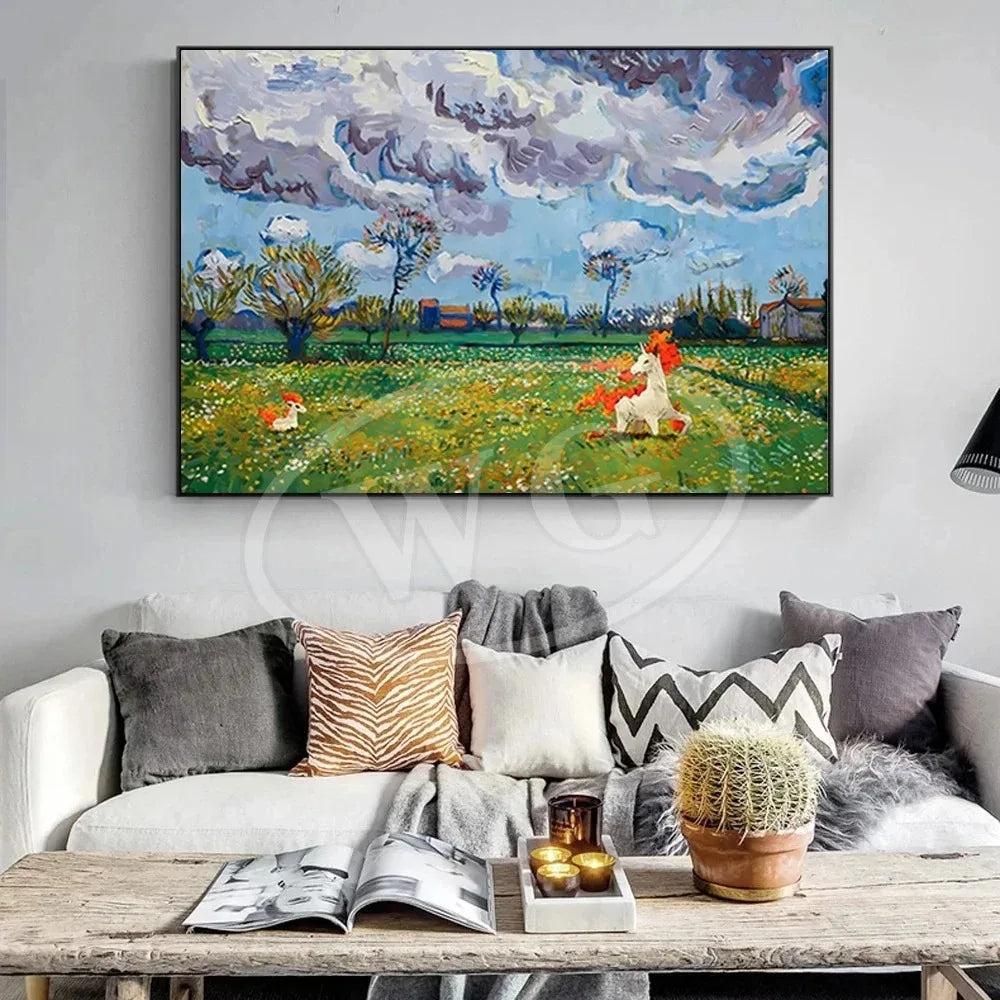 Van Gogh Museum Pocket Monster Anime Character Pikachu Canvas Painting Poster Living Room Bedroom Decoration Christmas Gift