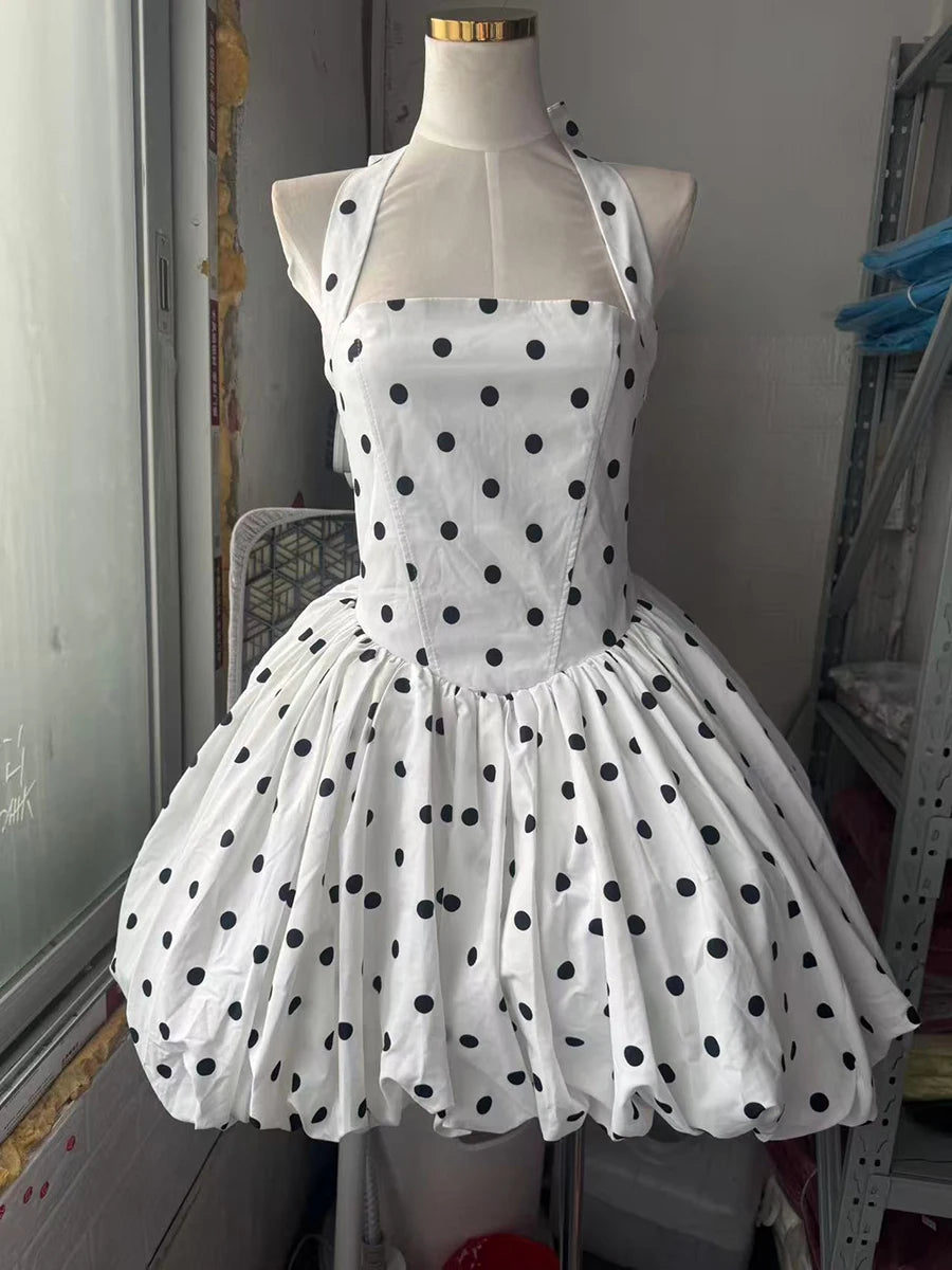 VGH Sexy Temperament Tunic Ball Gown for Women Halter Sleeveless Patchwork Lace Up Short Prom Dresses Female Clothing Fashion