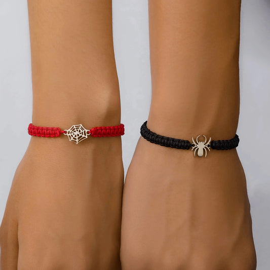 Fashion Halloween Couple Bracelets Classic Spider Spider Web Pendant Black Red Braid Rope Matching Bracelets Friendship Jewelry