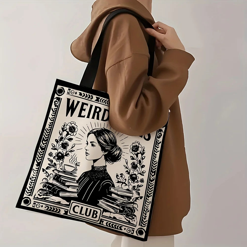 1pc Weird Girls Club Tote Bag Stylish Black & White Floral Design Daily Casual Use Shoulder Bag Christmas Gift for Best Friends